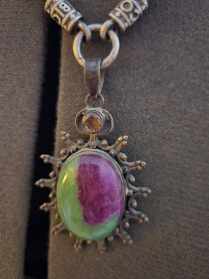 Bico Leather Necklace with Sterling Silver Oval Ruby Zoisite & Amethyst Pendant