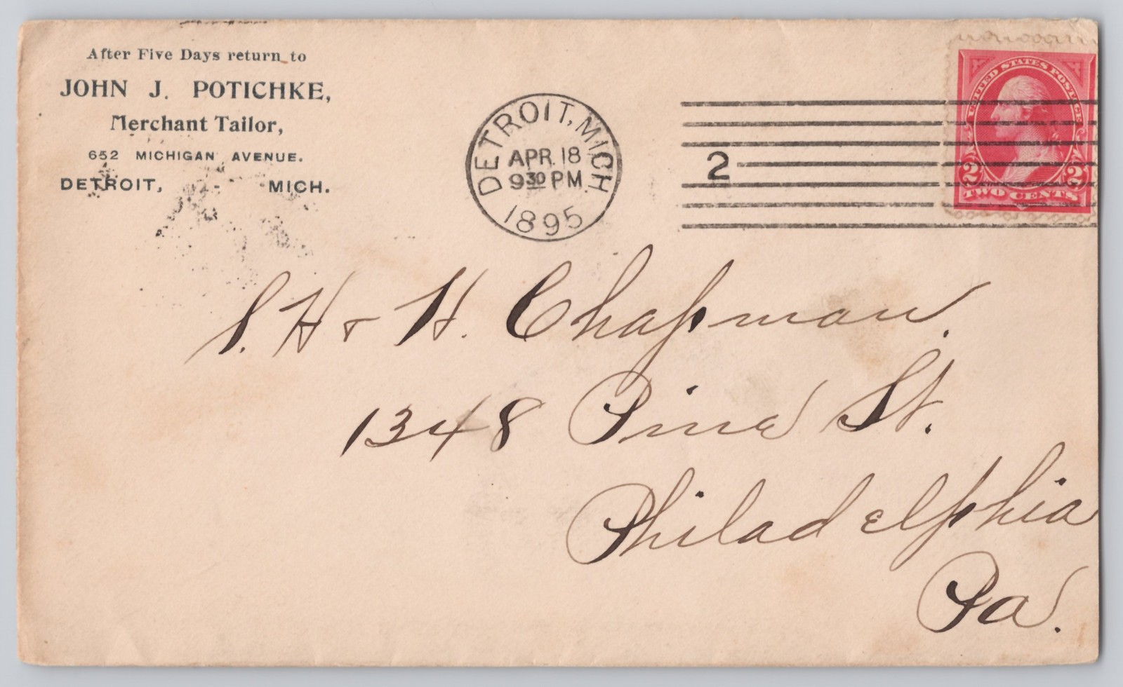 Detroit, Michigan John J. Potichke Tailor cover Un 1895 Postal History