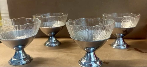 4 Vintage Depression Glass 2-Piece Sherbet Ice Cream Bowls  w/ Metal Chrome Base
