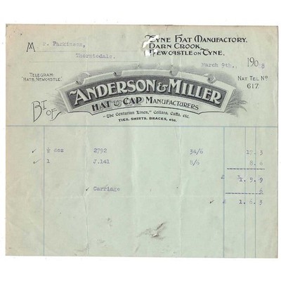 1908 Billhead, Anderson & Miller, Mütze & Kappe Herren, Darn Crook NEWCASTLE