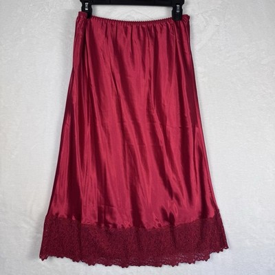 Cabernet Red Satin Lace Trim Midi Skirt Women s S Elastic Waist