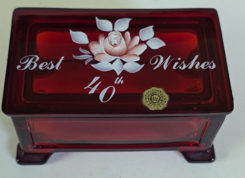 Westmoreland Trinket Box & Lid Ruby Red Glass Best Wishes 40TH Floral Signed