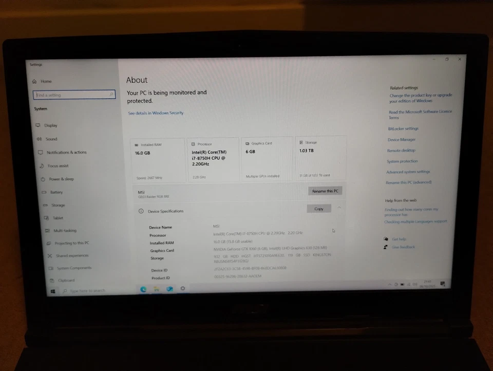 MSI GE63 Raider RGB 8RE Gaming i7 8th,  GTX 1060, 16GB RAM, 1TB + 128GB SSD, VR - Image 2 of 4