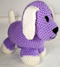 Hand Crocheted Stuffed Dog Toy Crochet Purple  White 11" long 9 1/2" tall