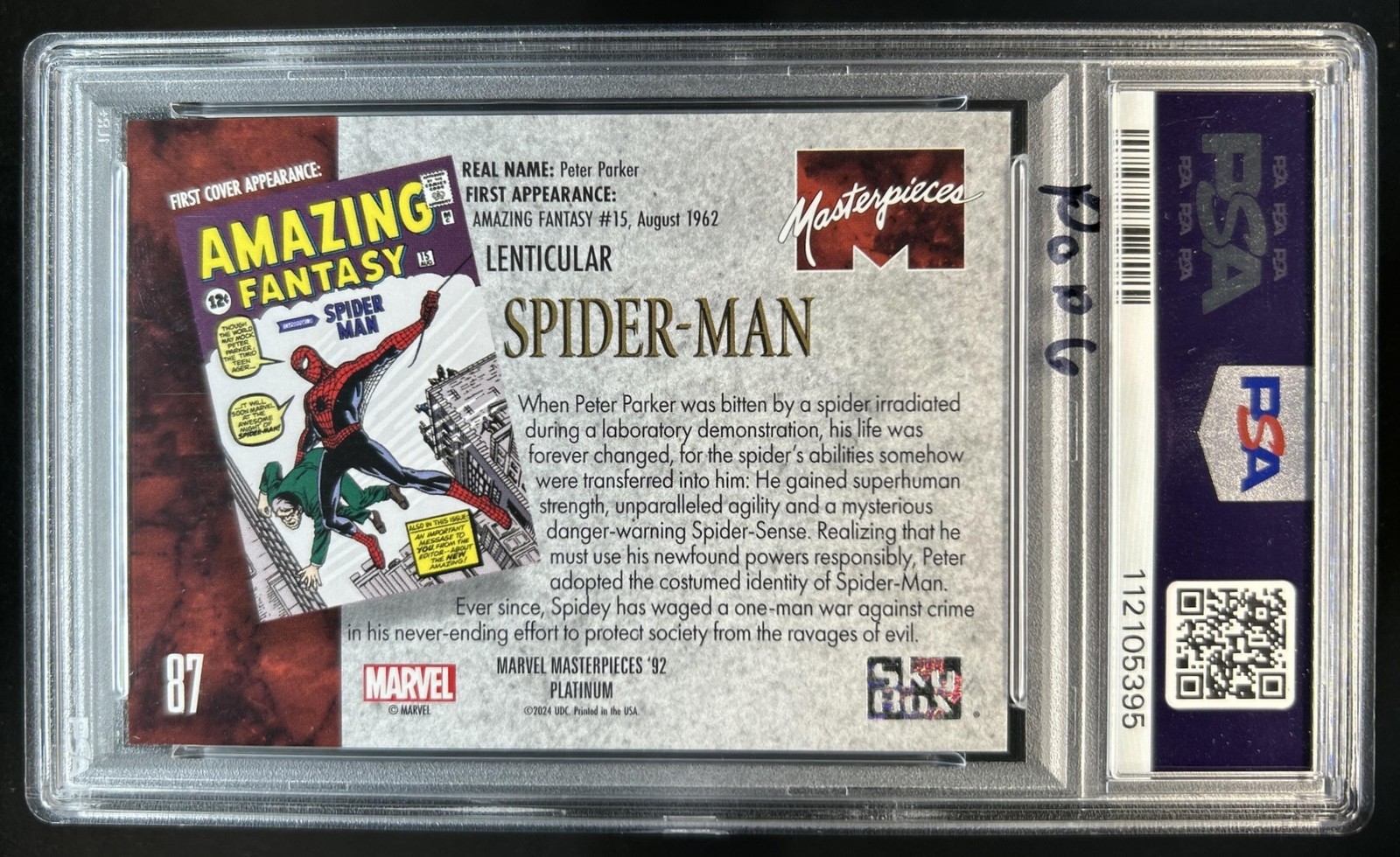 2024 Marvel Masterpieces '92 Platinum Spider-Man Lenticular #87 PSA 10 GEM MINT view 2