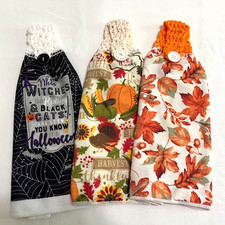 Crochet Top Hanging Kitchen Towels Set of 3 Halloween Thanksgiving Fall