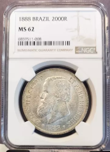 1888 BRAZIL SILVER 2000 REIS PEDRO II CROWNED ARMS NGC MS 62 BEAUTIFUL LUSTER