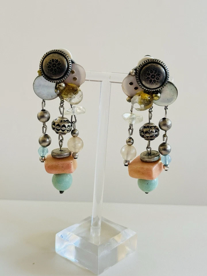 VTG Button Earrings Dangle statement Chunky Silver Pink Lucite Clip 1990s Rare - Image 3 of 4