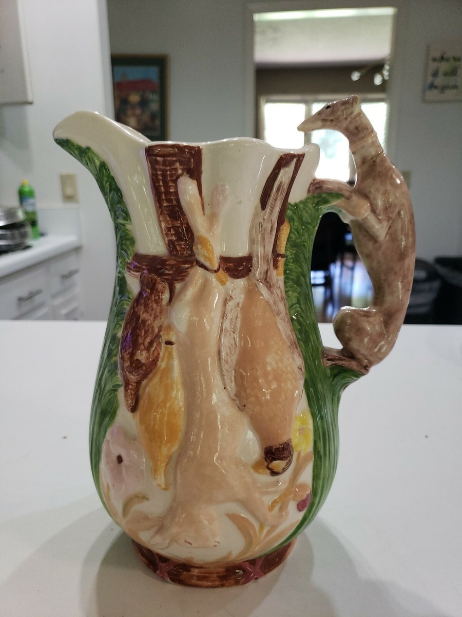 Vintage Hunting Ceramic Pitcher Greyhound Handle Dog Hunter Rabbit