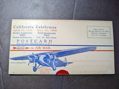 #ad Mint USA Western Air Express Inc Anniversary Airmail Postcard $125.00