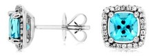 1.54CT DIAMOND  AAA BLUE TOPAZ 14KT WHITE GOLD 3D CUSHION  ROUND STUD EARRINGS