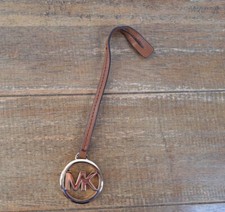 Michael Kors Bag Charm Tan Leather Strap Gold Tone MK Logo Hardware Tag EUC