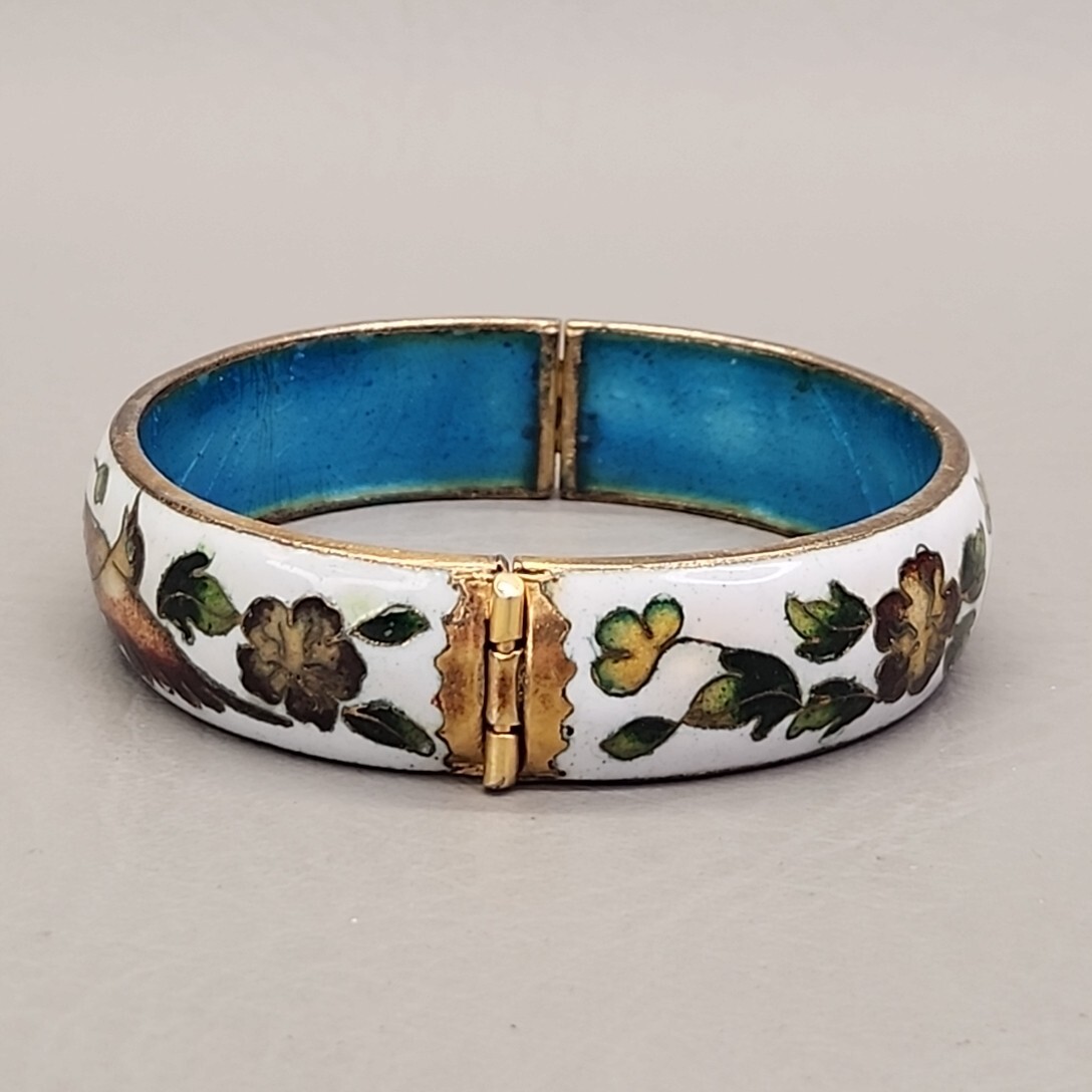 Cloisonne Hinged Bangle Bracelet Vtg Bird Flowers White