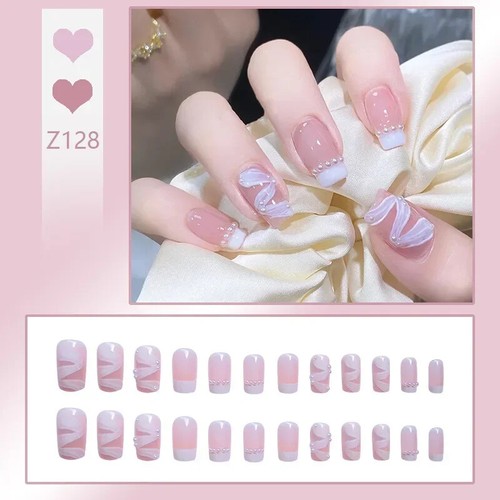 24 Pcs Fake Nails Press on Reusable Designs Set French Artificial Aurora Diamond - Picture 36 of 85