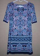 Eliza J Women's 2 Blue/Pink Paisley Print Poly Jersey Knit Shift Dress  EuC
