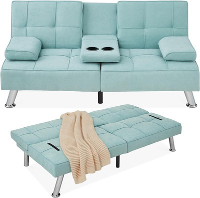 Aqua Linen Folding Futon Sofa Bed with Removable Armrests & Cupholders