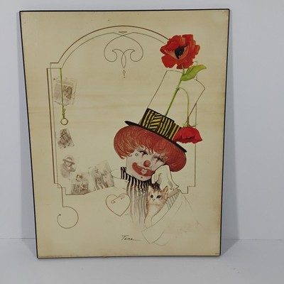 1970s Un Framed Print Clown And Kitten - By William W Tara- Signed 