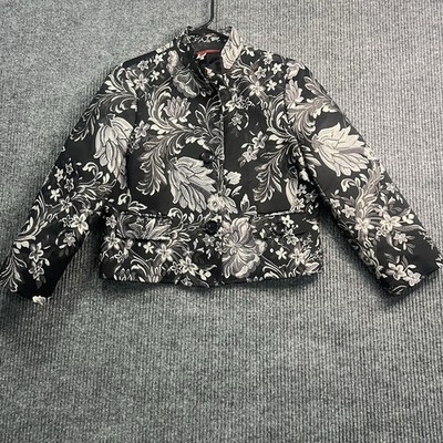Vtg Tapemeasure Women's Black White Floral Long Sleeve 3 Button Casual Jacket 12