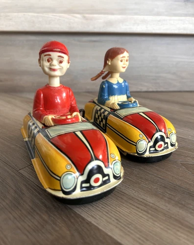 Marx Dispy Dora & Dan Tin Wind-Up Crazy Cars (Work) – Vintage Litho Toy Lot of 2