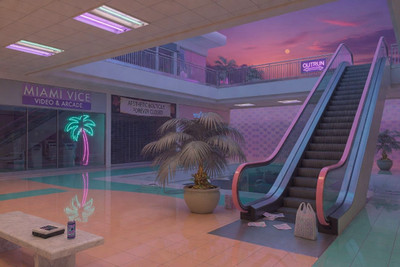 Surreal Vaporwave Dead Mall Escalator Neon Sunset Liminal Space Poster Art Print