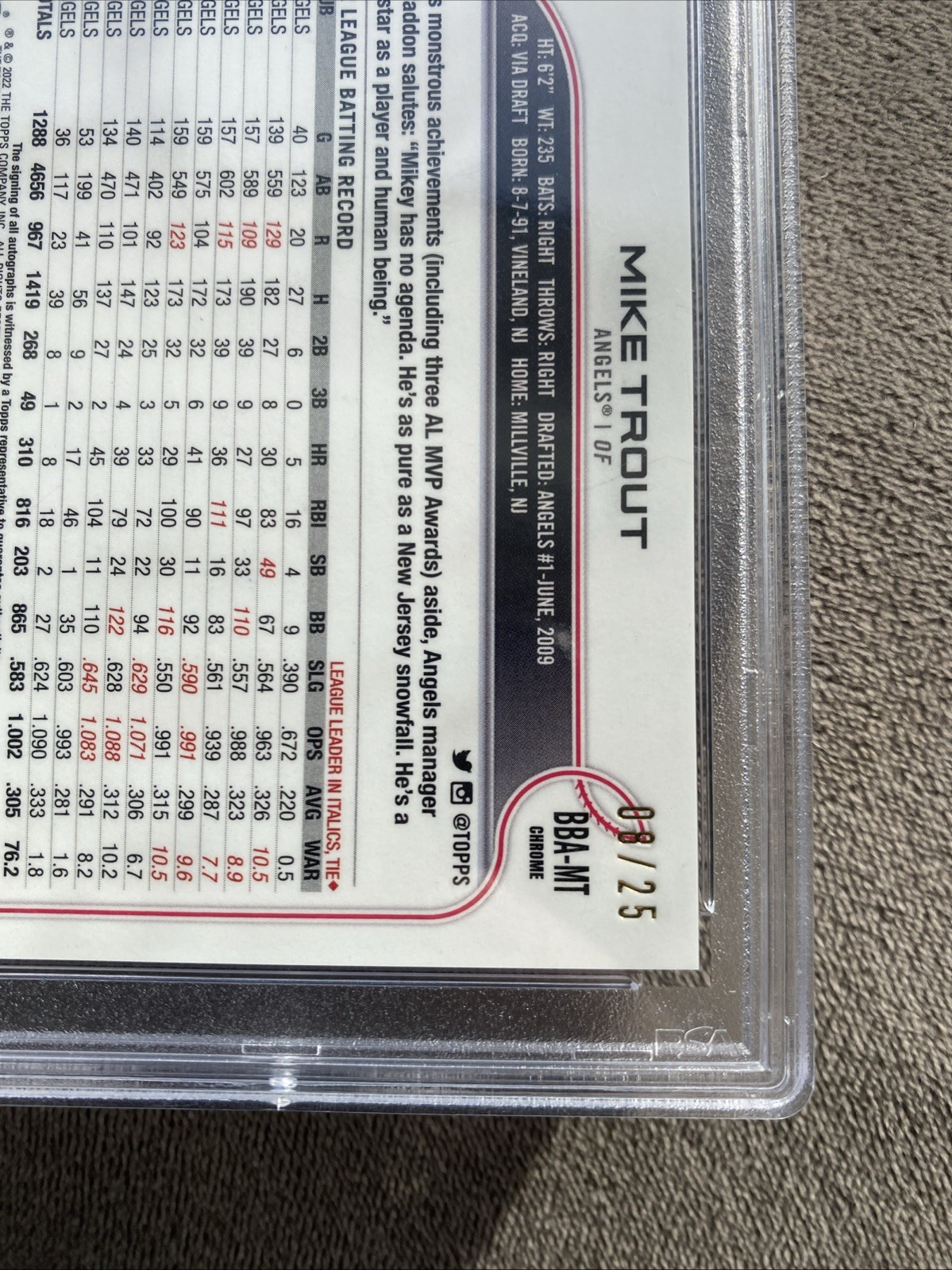 2022 Topps Chrome Ben Baller Edition Mike Trout Orange Refractor Auto /25 PSA 9 view 3