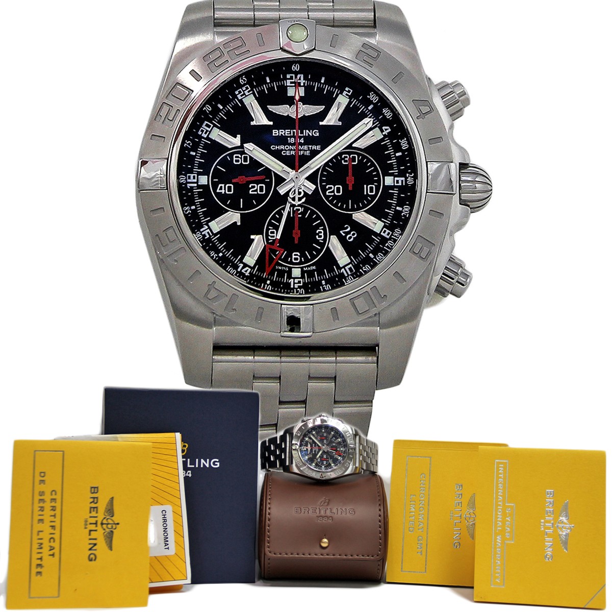 Breitling Chronomat 44mm Black Dial Chronograph Stainless Steel Watch AB0412 BR118