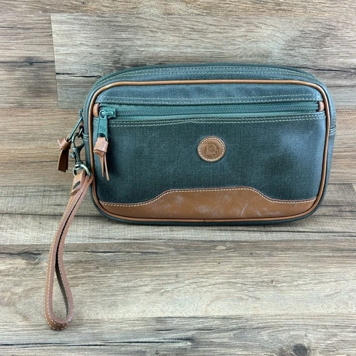 Pochette pochette maquillage CHRISTIAN DIOR vintage gris enduit marron garniture cuir