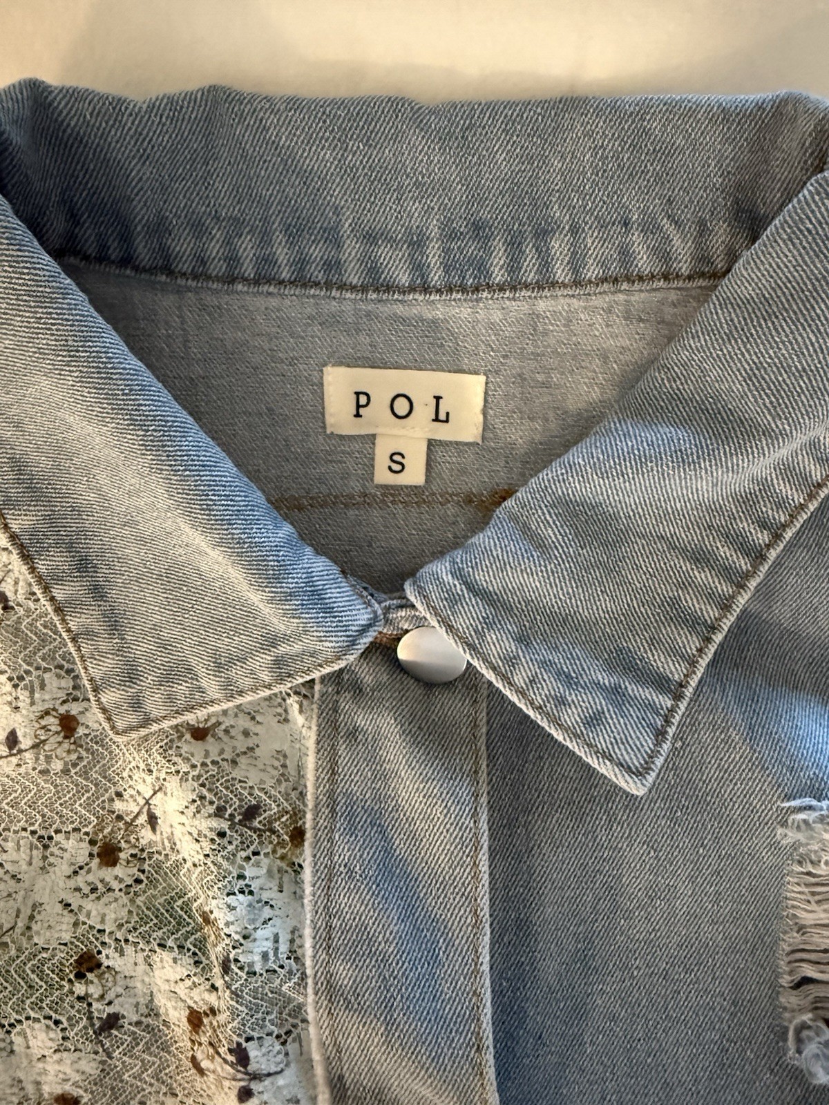 POL Denim Jacket S Patchwork Painted Lace Ruffles… - image 7