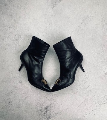 Rare LOUIS VUITTON Vintage LV Logo Ankle Boots Black Leather Gold Detail Size 37