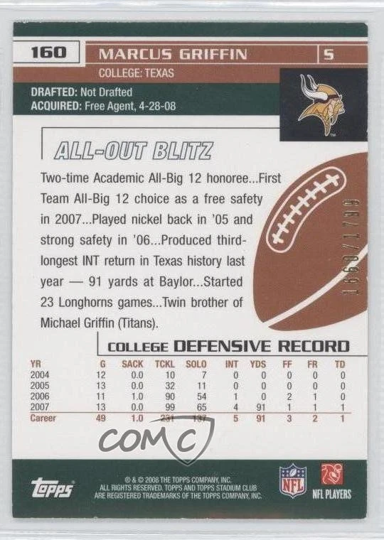 2008 Topps Stadium Club /1799 Marcus Griffin #160 Rookie RC - Image 2 of 2