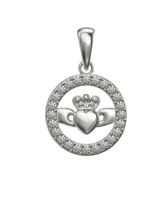Round Claddagh Pendant in Sterling Silver with Cubic Zirconia & Gift Box