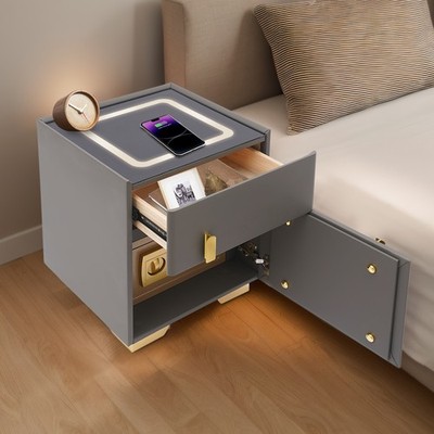 Wood+Metal Nightstand Bedside Table End Side Table with Lock Storage Cabinet