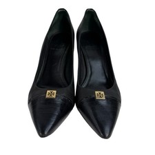 Tory Burch Size 8.5 Cap Toe Pump Black Leather Lizard Embossed Heels Toe Logo