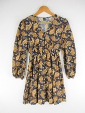 SHEIN Dress Womens XS Paisley VNeck Long Sleeve Elastic Waist Mini Navy Boho