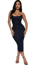 NWT Fashion Nova Black Long Denim  Midi Dress  Strapless Size XS Blackwash