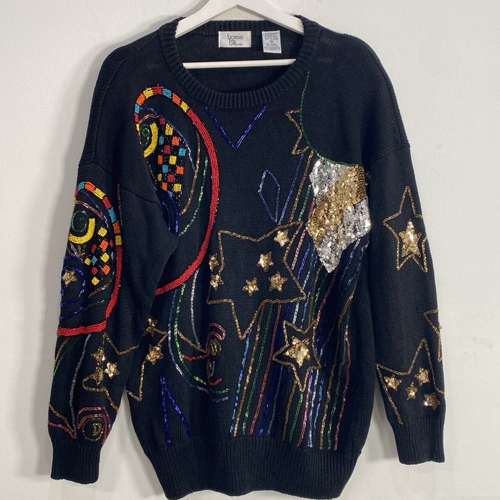 Vtg Sequin Beaded Star Print Sweater Rainbow Waves Psychedelic New Year's Medium