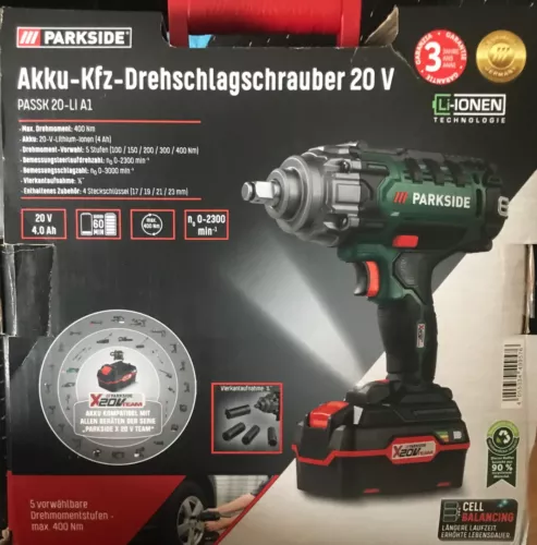 PARKSIDE PASSK 20 Li A1 AKKU KFZ DREHSCHLAGSCHRAUBER Schlagschrauber 400 Nm NEU