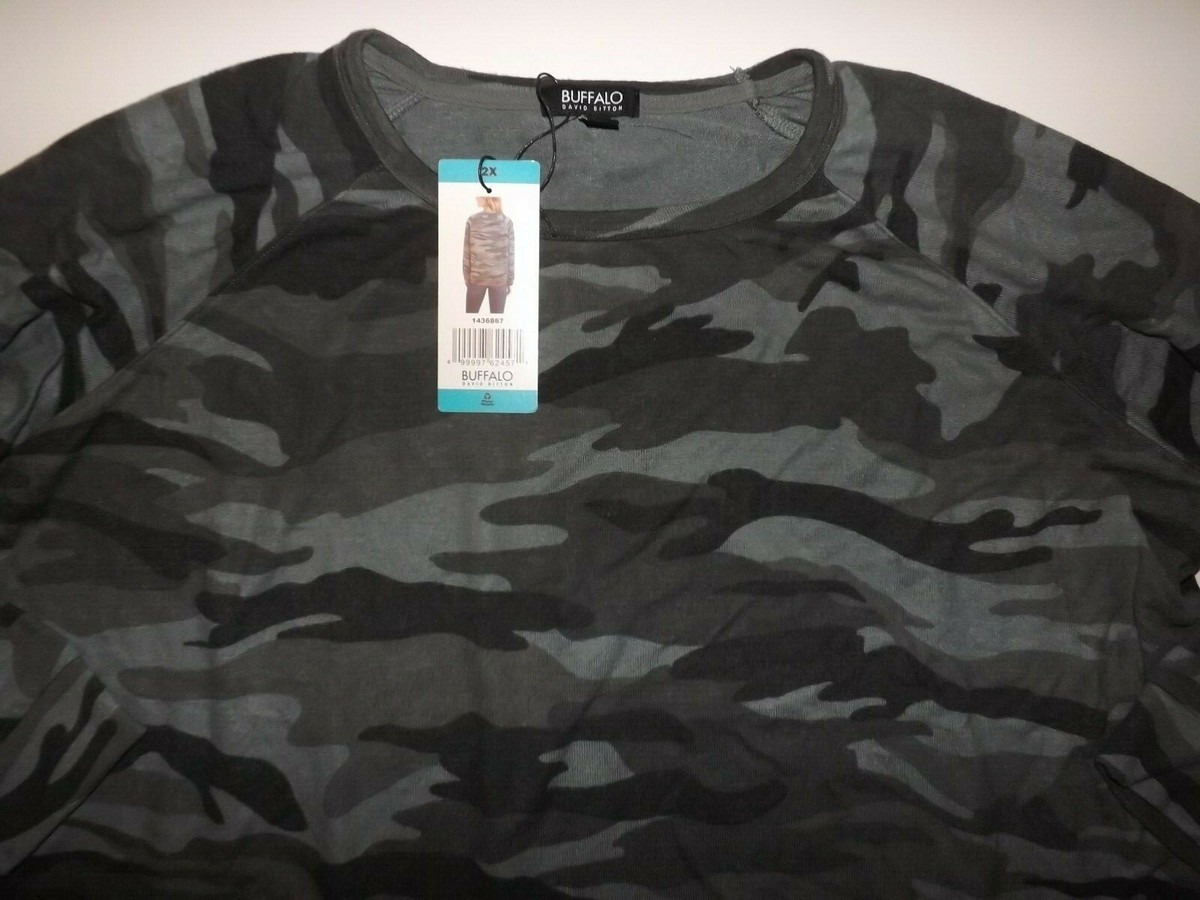 David Bitton BUFFALO Womens Gray Green Camo Print Sweater Shirt L