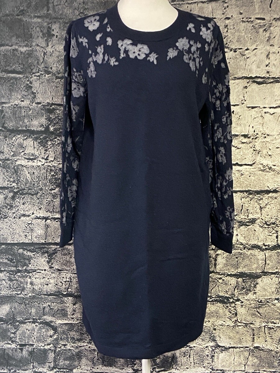 Lands End Sweater Dress Womens 1X Navy Blue Wool Blend Floral Sheer Sleeve