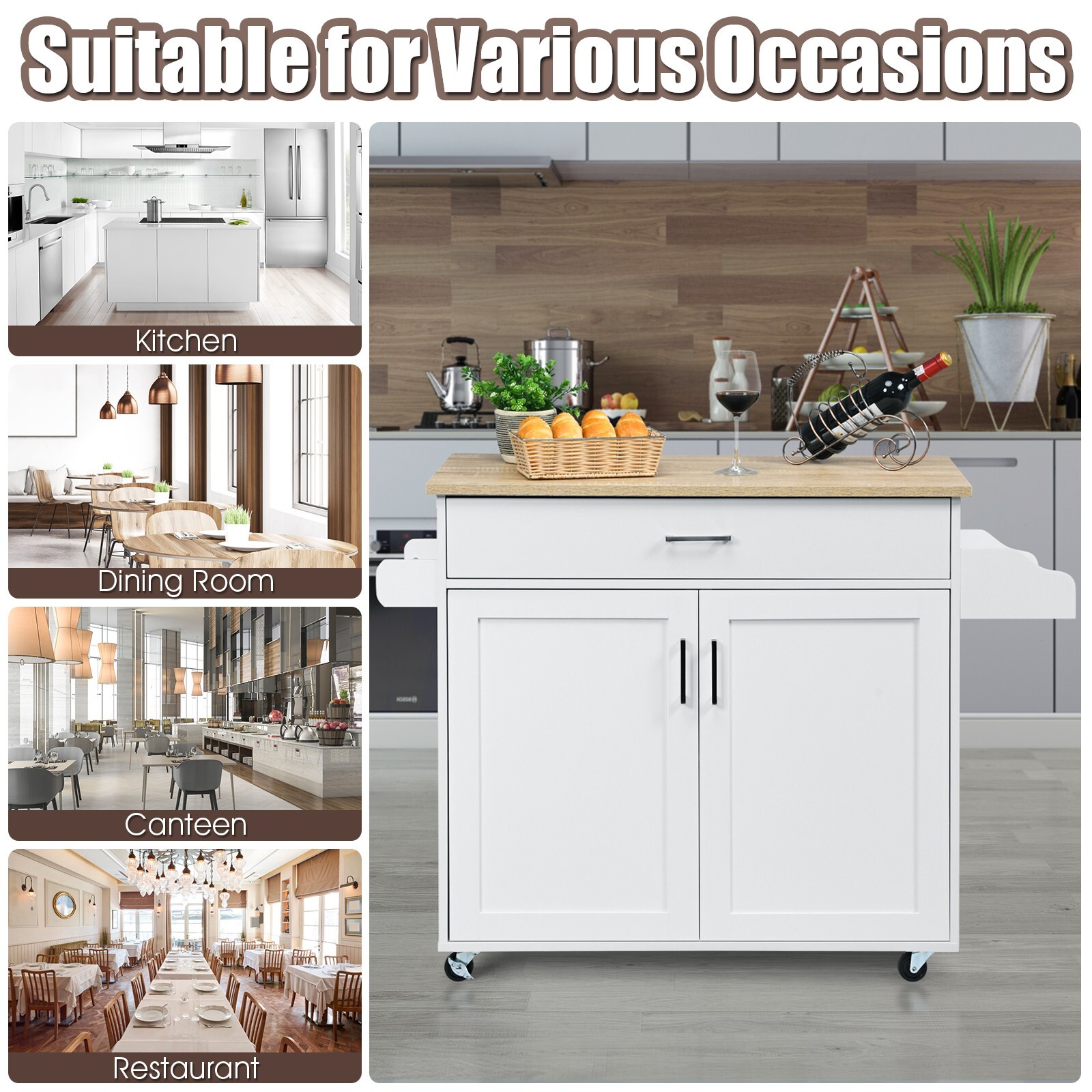 Kitchen Island Storage Trolley Rolling Cart Shelves Cupboard