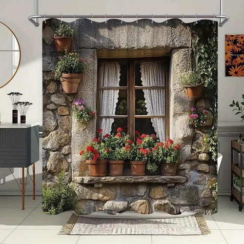 Rustikaler Stein Landhaus Fenster Wasserdicht Stoff Duschvorhang Mehrere Größen - Bild 4 von 26
