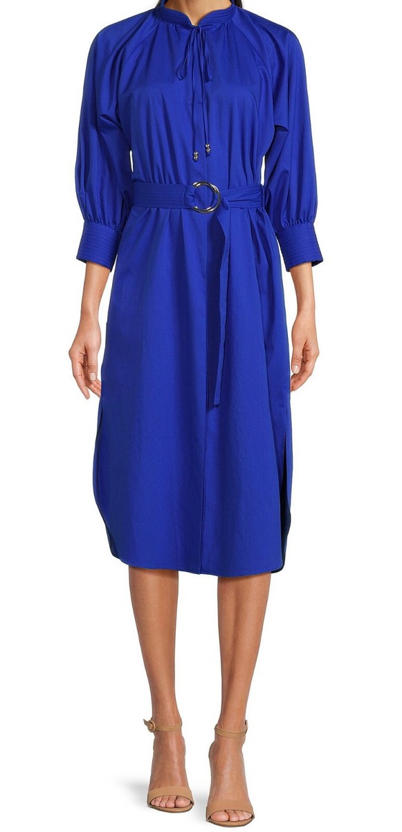 BOSS DIPETE DRESS WOVEN TIE-NECK 3/4 SLEEVE BELTED BRIGHT