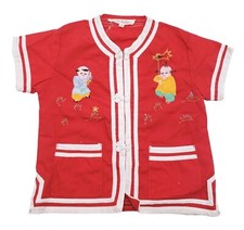Plum Blossom 2T Unisex Asian Themed Top Red White Stitched Snap Shirt Vintage