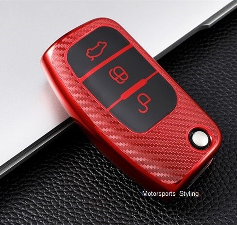 Red Carbon Fiber Remote Key Fob Cover Case For Ford Car Flip Key 3 Button T43cfr - Picture 2 of 4