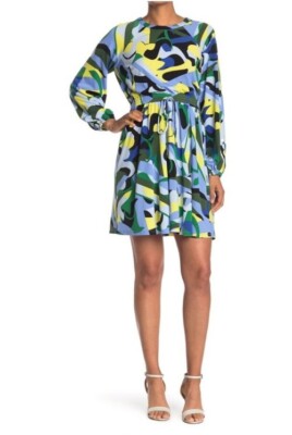 Donna Morgan Size 12 Blue Green Geo Print Long Raglan Sleeve Dress New with Tags