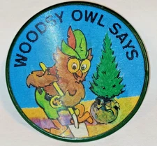 1970s WOODSY OWL  Says PLANT a BIRTHDAY TREE FLICKER VARI-VUE Pinback Button np