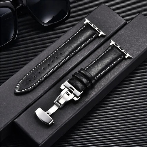 Genuine Leather Strap Steel Butterfly Buckle BandFor Apple Watch Ultra 9 8 7 6 - Picture 15 of 30