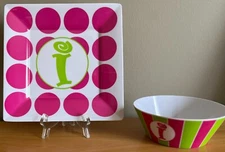 Mudpie Initial "I" Childrens Plate & Bowl Set - Stripes & Circles