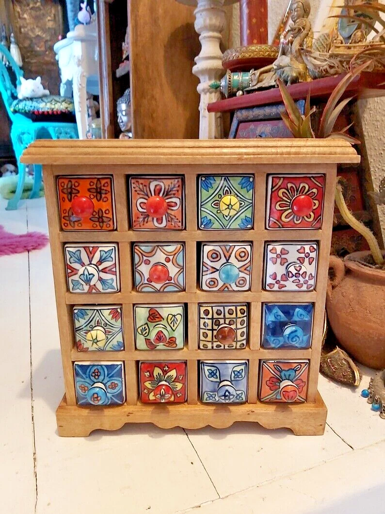HAND PAINTED CERAMIC 16-DRAWER SPICE CHEST, MANGO WOOD FROM FROM INDIA - OFFER!