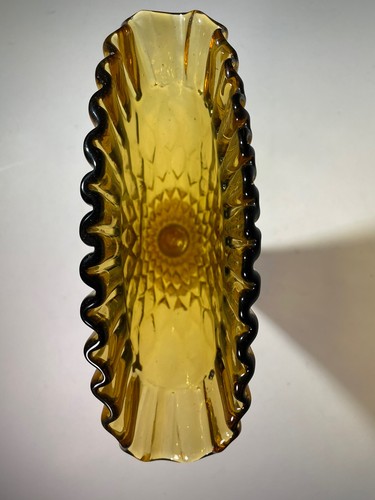 Vintage Bernstein goldfarben mundgeblasen Kunst Glas Korb 8" Vase mit gerafftem Rand - Bild 18 von 24